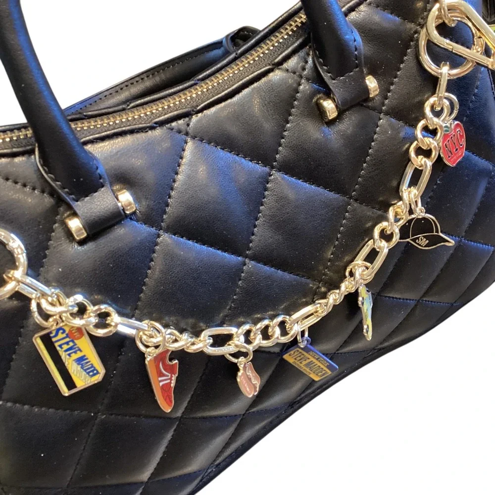Steve Madden Sparrow Black Quilted Satchel Crossbody‎ Bag Gold Charm Chain New